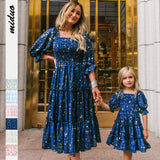 Family Matching Floral Digital Printed Summer Lantern Sleeve Dresses