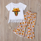Kid Baby Girl Cow Short Sleeve Tassel Ins 2 Pcs Set