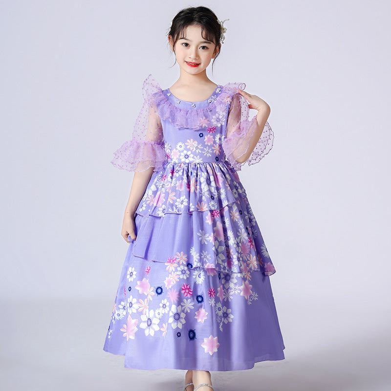 2-10T Kid Girls Long Fluffy Purple Flower Dresses
