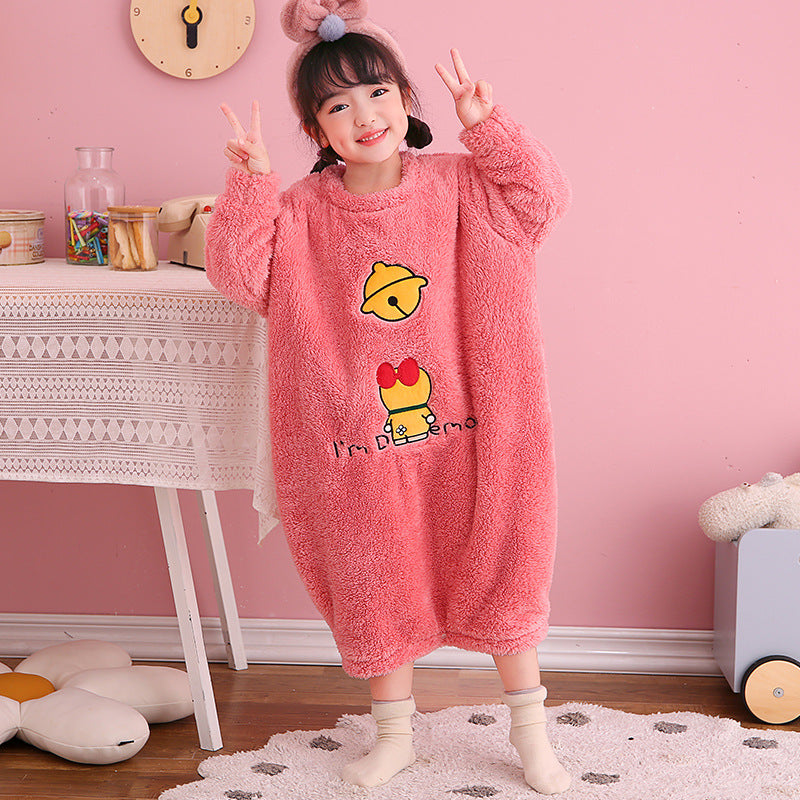 Autumn Winter Plush Kids Baby Boy Girl One-piece Cute Cartoon Coral Pajamas