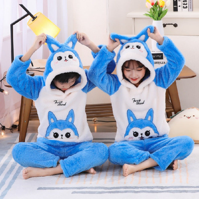 Kid Baby Boy Girl Plush Pajamas Cartoon Hooded Thickened Coral Pajamas