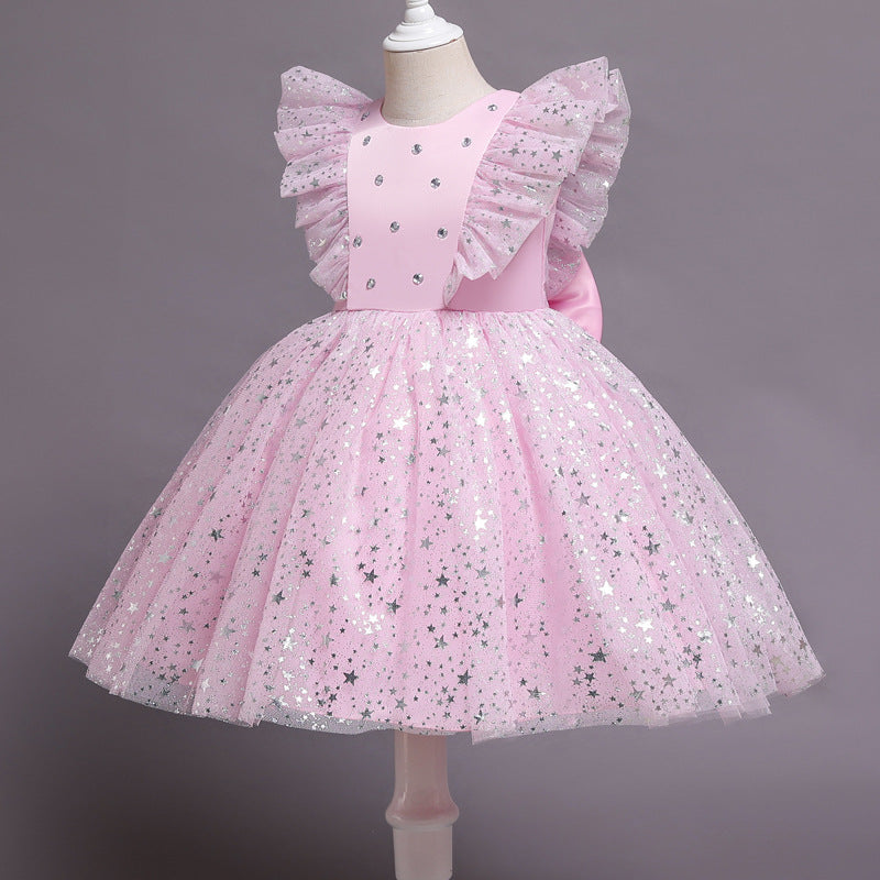 Kid Baby Girls Flying Sleeve Princess Star Mesh Pompous Dresses