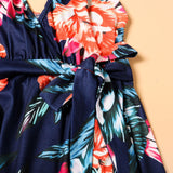 Family Matching Mother Daughter Halter Belt Flower Printed Garden Dresses