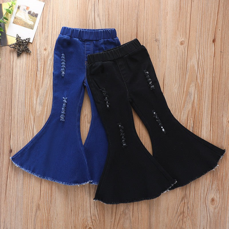 Kids Baby Girls Denim Trousers Ripped Jeans Flare Bell Bottom Trousers