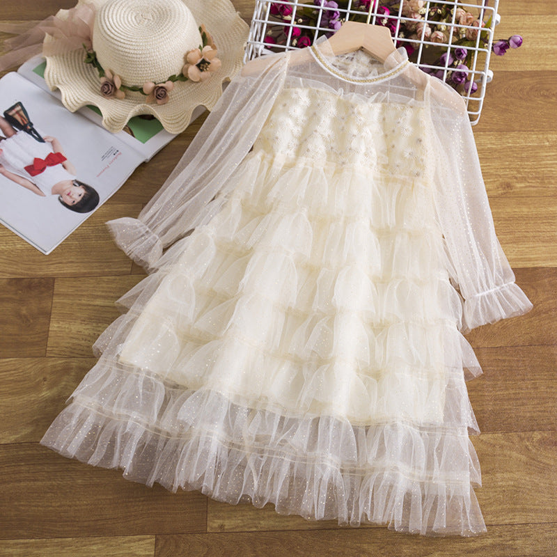 3-8T Kid Girl Floral Embriodery Flower Ruffle Layered Party Tulle Dresses