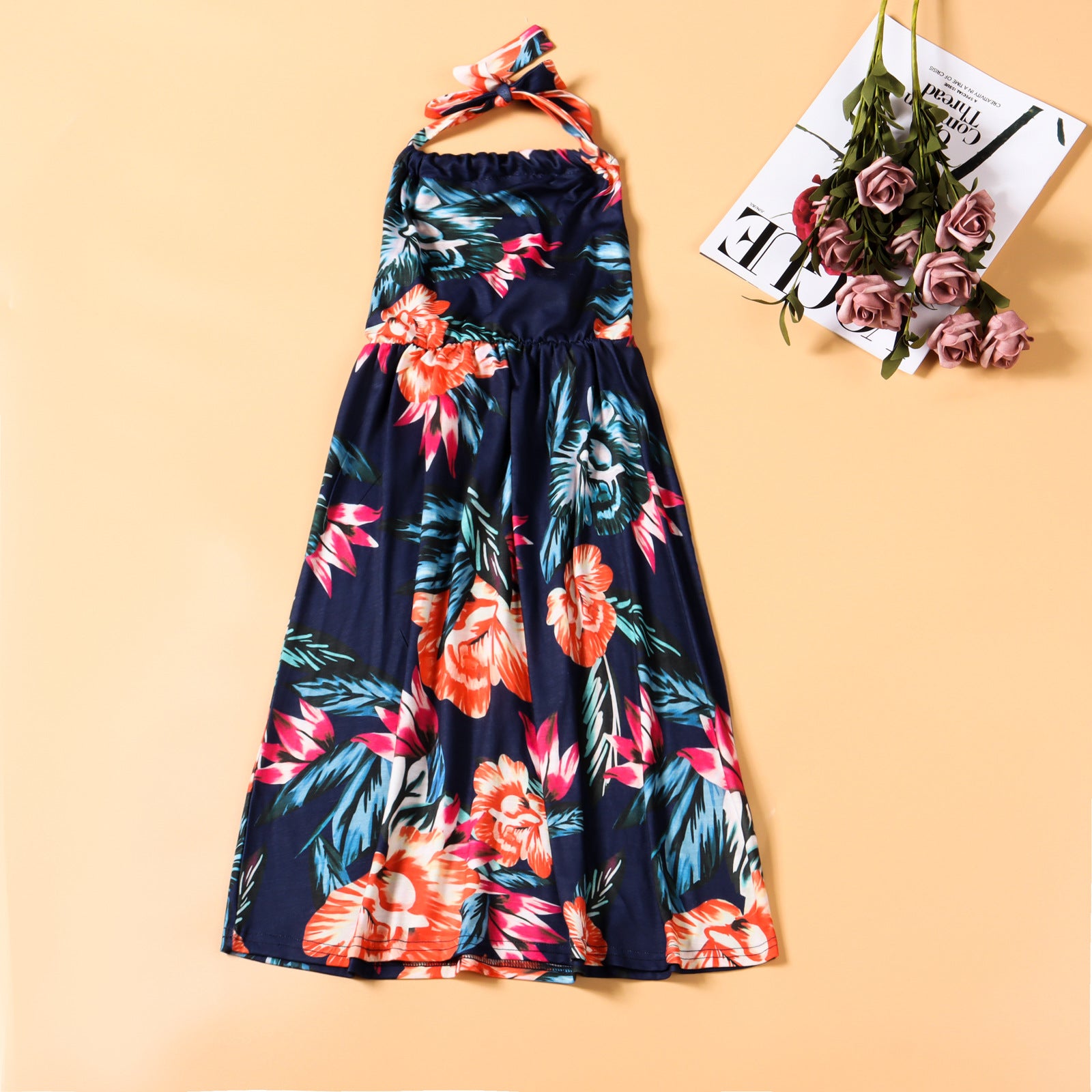 Family Matching Mother Daughter Halter Belt Flower Printed Garden Dresses