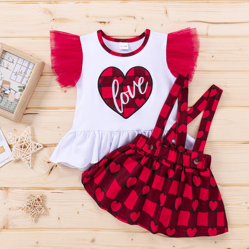Baby Kid Girls Valentine's Day Check Suit Red Heart Short Sleeve 2 Pcs Sets