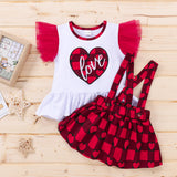 Baby Kid Girls Valentine's Day Check Suit Red Heart Short Sleeve 2 Pcs Sets
