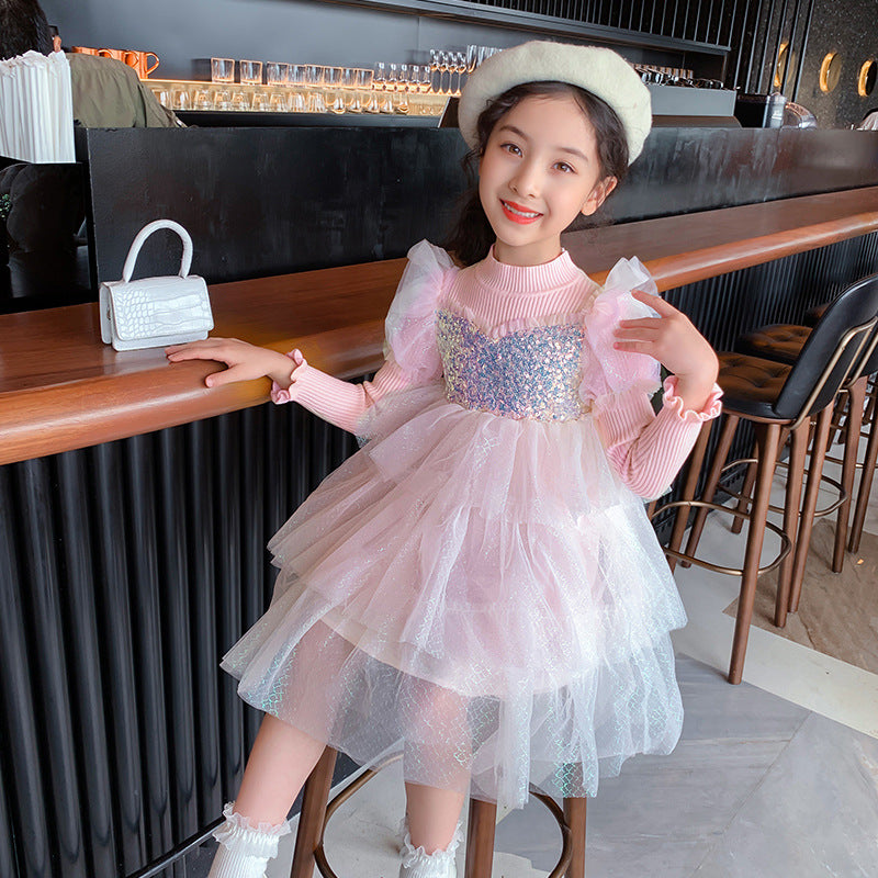 Kid Baby Girl Princess Autumn Knitted Sequins Cake Dress