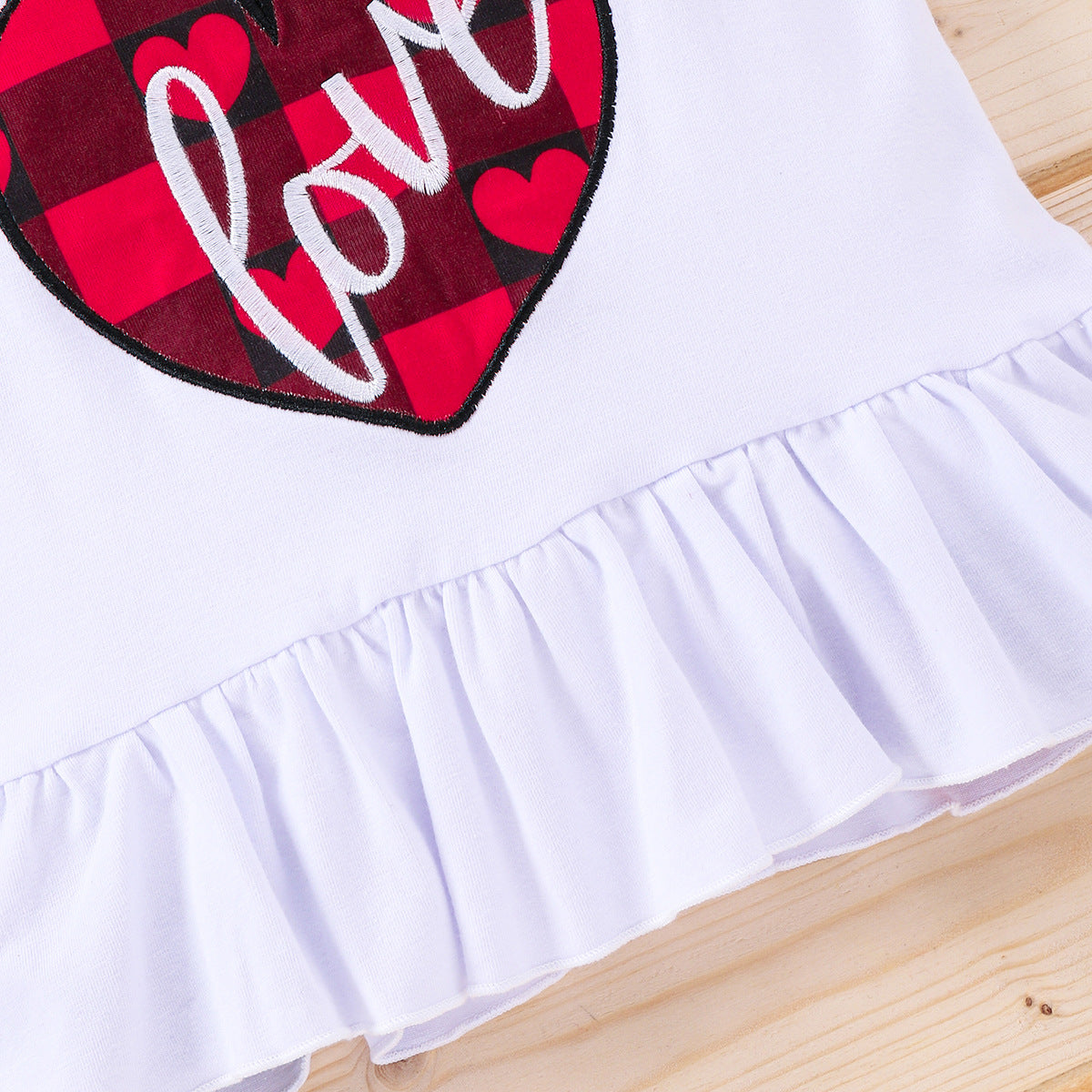 Baby Kid Girls Valentine's Day Check Suit Red Heart Short Sleeve 2 Pcs Sets