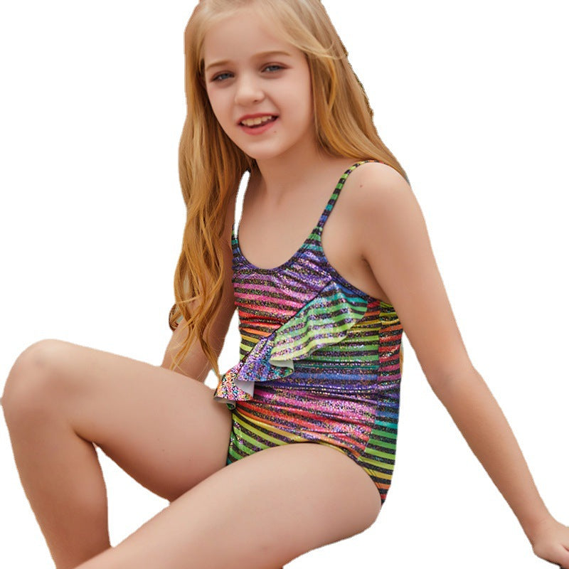 Kid Girls Swimsuit Stripe Flounces Conjoined Bikini