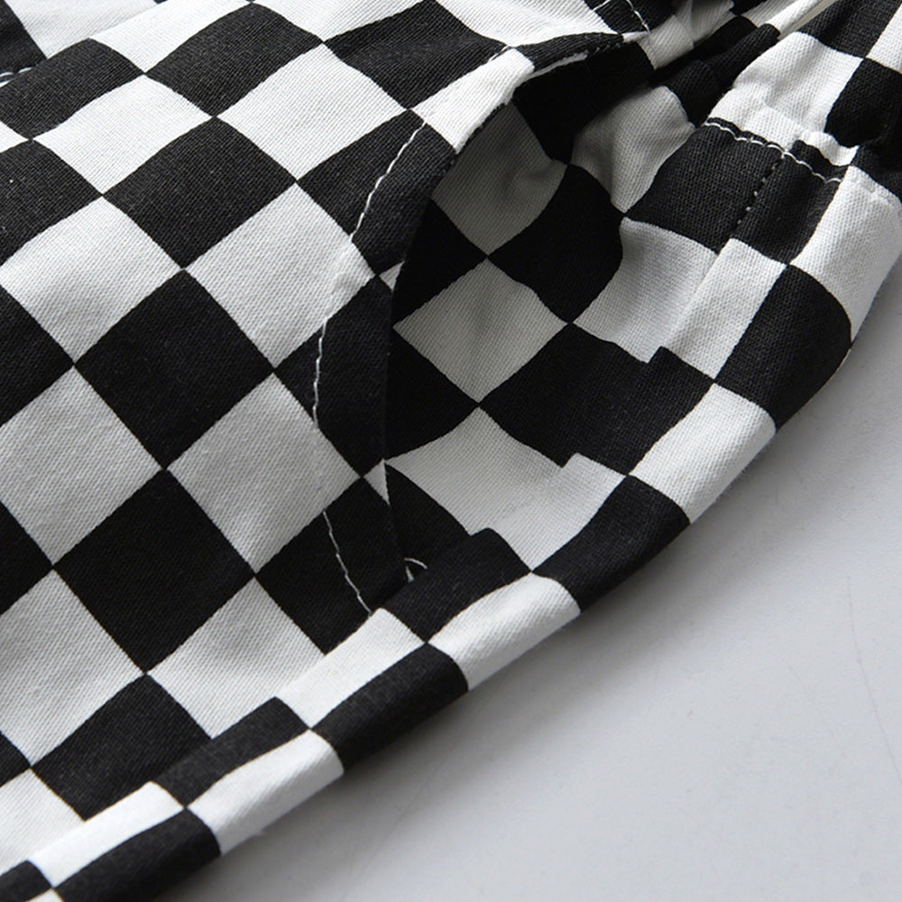 Kid Baby Boy Checkered Long Sleeve Lapel Cardigan 2 Pcs Sets