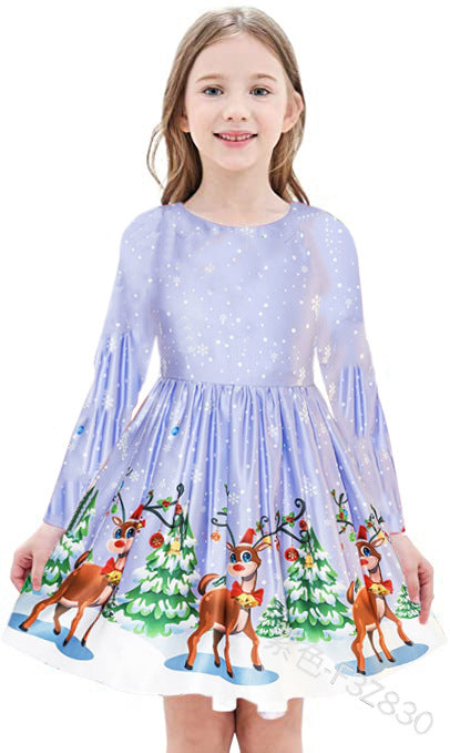 Kid Girl Long Sleeve Round Neck Christmas Print Cute Dress