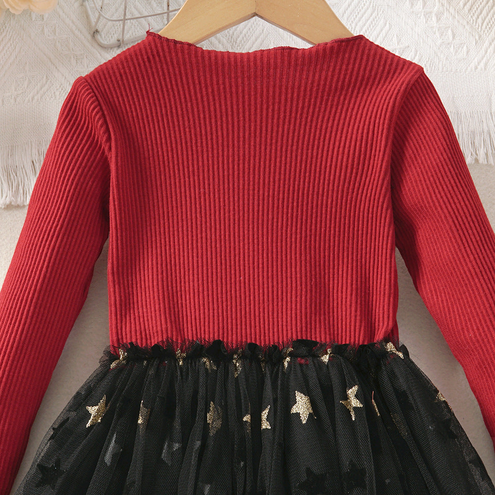 Kid Girl Gauze Spring Autumn Five-pointed Star Princess Dress