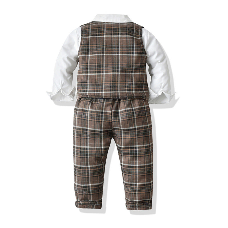 Kid Baby Boy Suit Korean Plaid Long Sleeve British 3 Pcs Sets