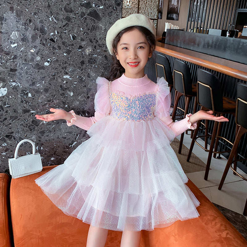 Kid Baby Girl Princess Autumn Knitted Sequins Cake Dress