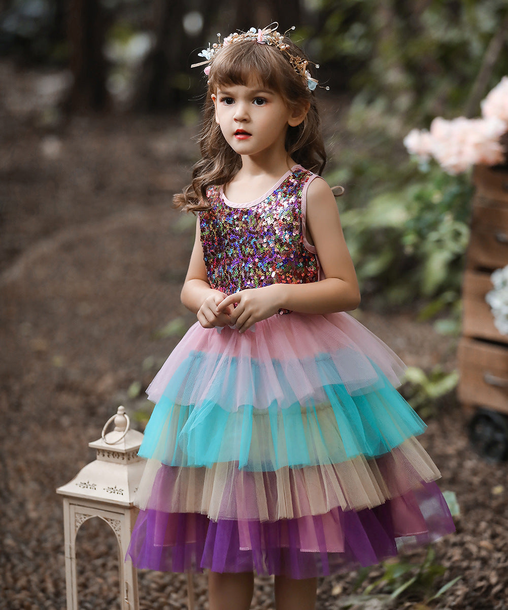 Kid Baby Girl Puffy Princess Colorful Sequins Layer Color Dresses