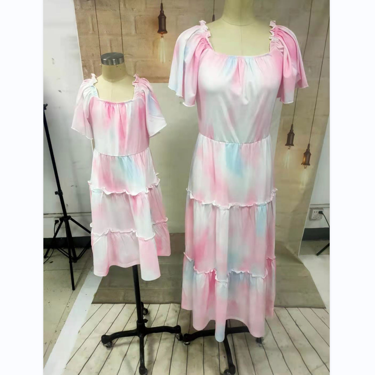 Family Matching Ruffled Sleeves Pleated Dresses