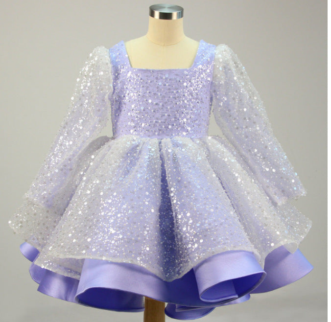 Kid Girls Sequin Princess Bow Long Sleeve Birthday Dress