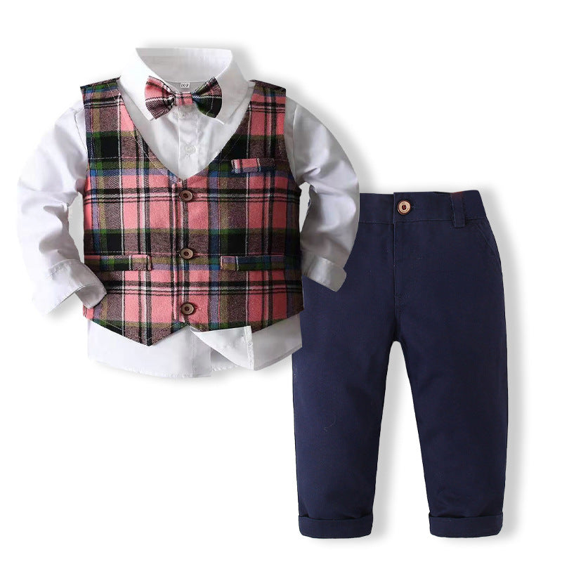 Kid Baby Boys Four Seasons Plaid Long Sleeve 2 Pcs Sets
