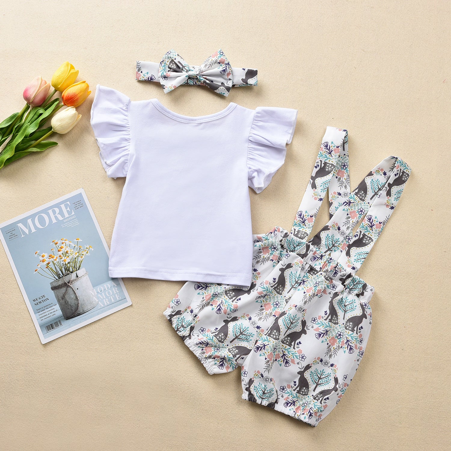 Baby Easter White Rabbit Printed Shorts 3 Pcs Set