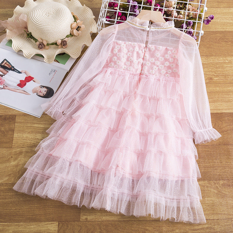 3-8T Kid Girl Floral Embriodery Flower Ruffle Layered Party Tulle Dresses