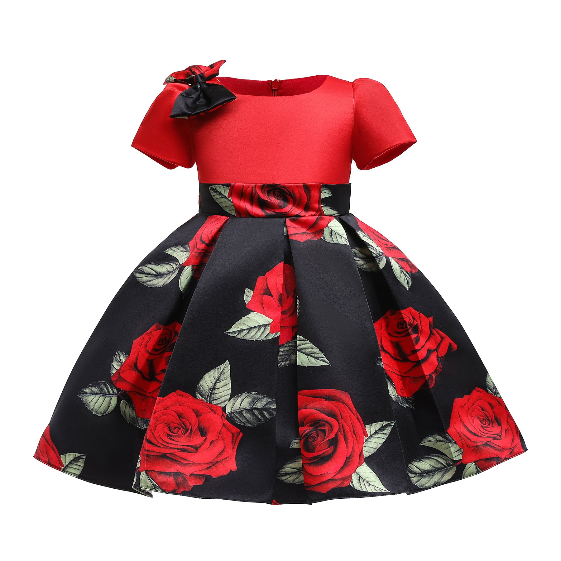 Kid Girl Princess Christmas Satin Bow Short Sleeve Rose Dresses