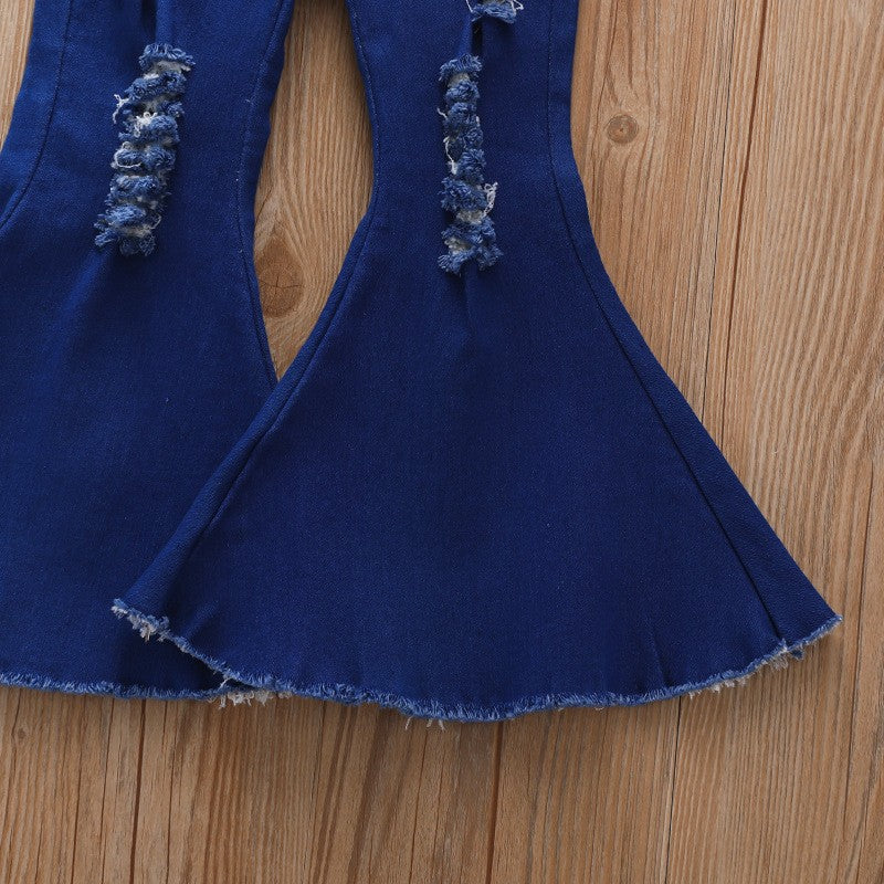 Kids Baby Girls Denim Trousers Ripped Jeans Flare Bell Bottom Trousers