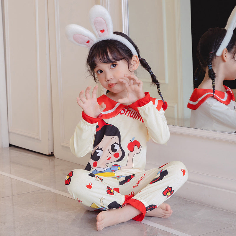Kid Girl Round Neck Pajamas Ins Spring Autumn Cute Cartoon Pajamas