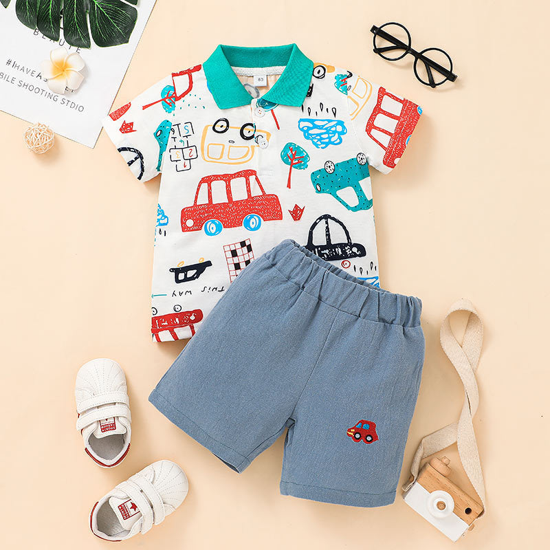 Kid Baby Boys Set Car Cartoon Fashion Lapel Shorts 2 Pcs Sets