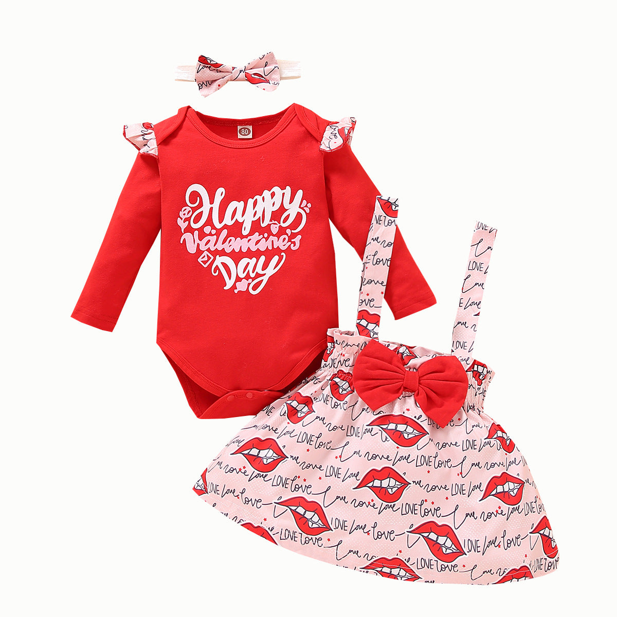 Baby Girl Valentine's Day Long Sleeves Bodysui 3pcs Sets
