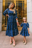 Family Matching Mother Daughter Floral Digital Print Pleated Square Dresses