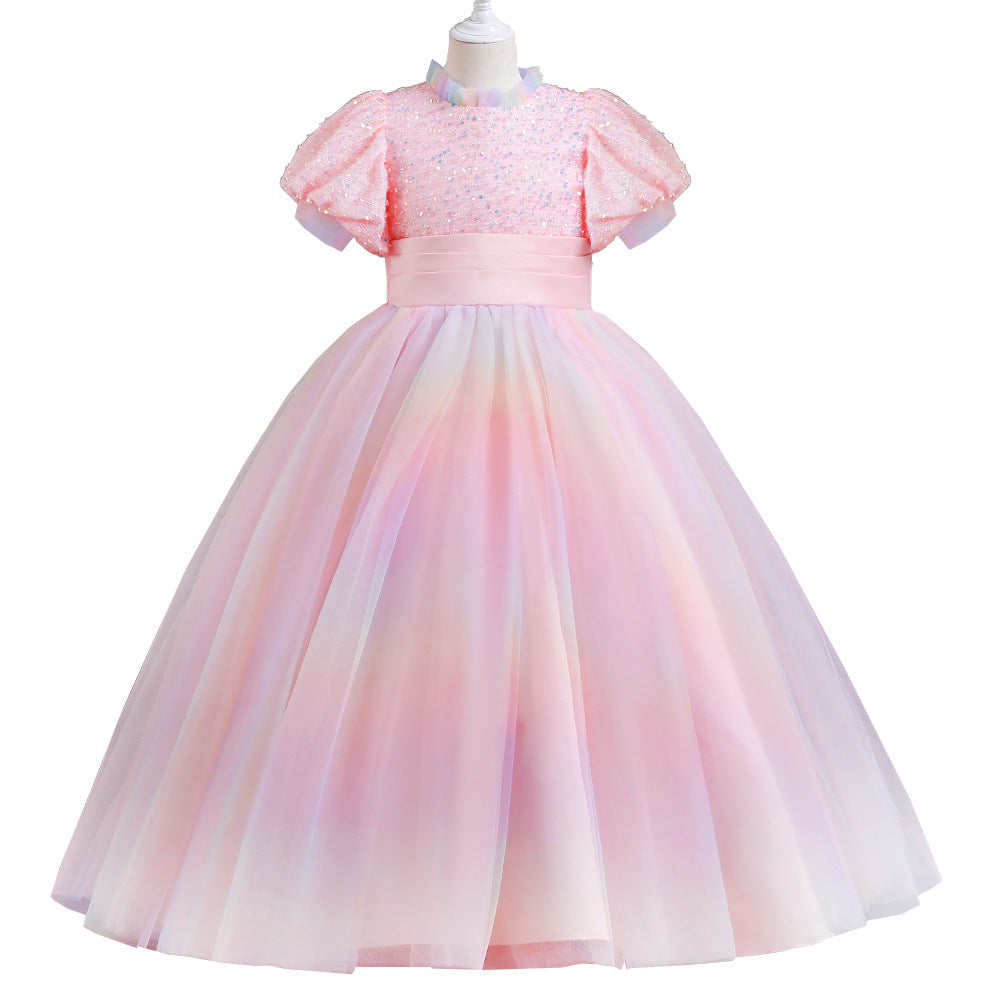 Kid Gir Princess Mesh Gauze Wedding Bubble Sleeve Piano Long Dresses