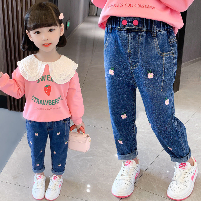 Kid Girls Flower Jeans Foreign Casual Trousers Spring Autumn Pants