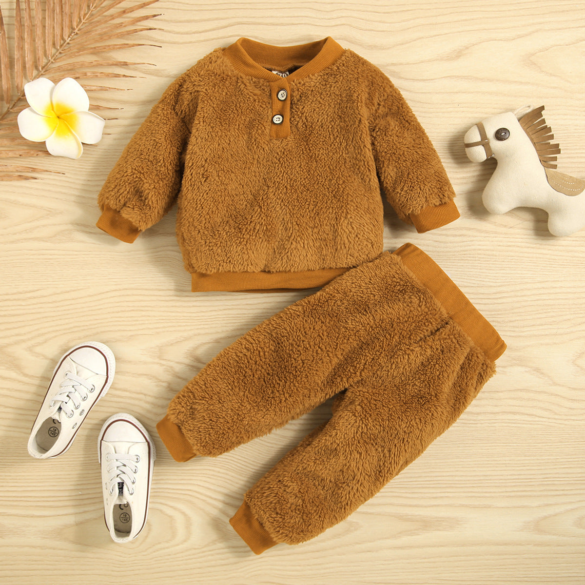 Autumn Winter Baby Boys Girls Double-sided Velvet Long Sleeve Suits 2 Pcs Sets