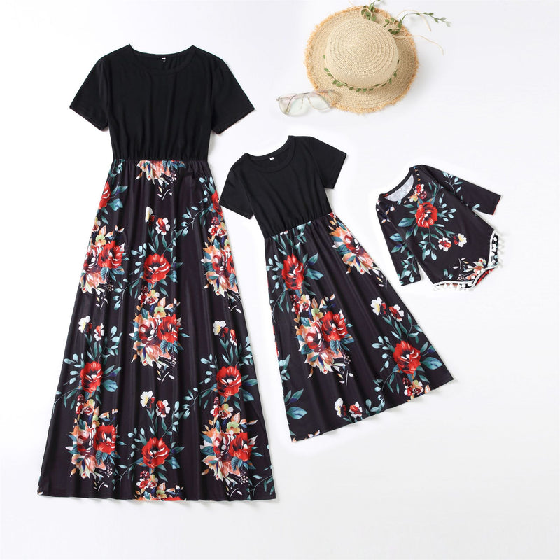Family Matching Parent-child Printed Short Sleeve Stitching Dresses