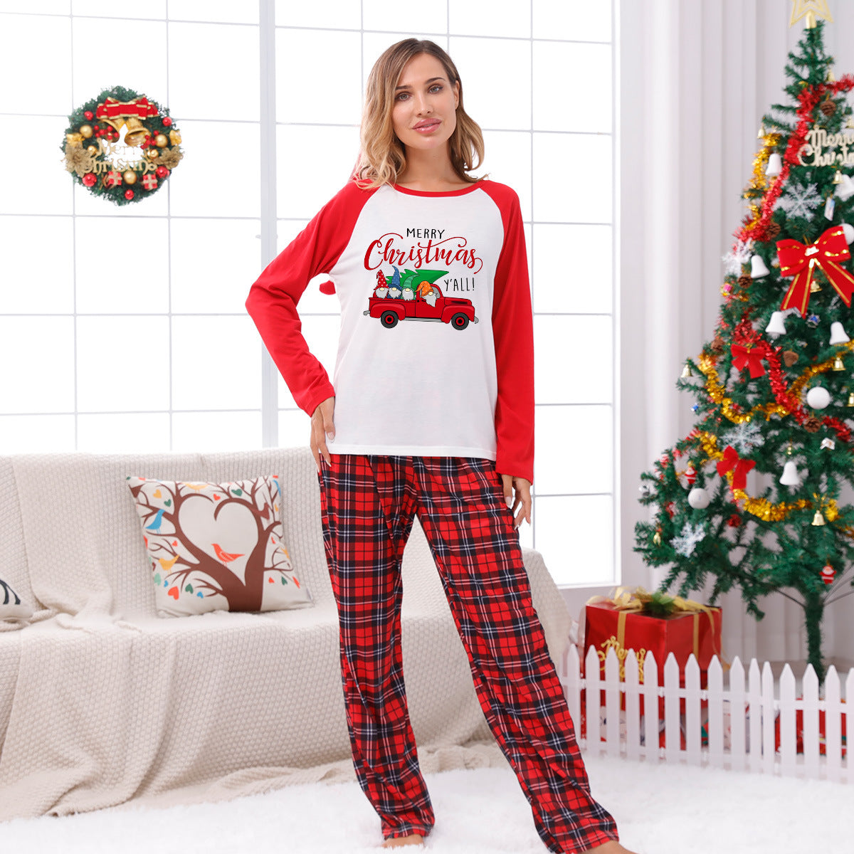 Family Matching Home Suit Christmas Plaid Patchwork Print Pajamas