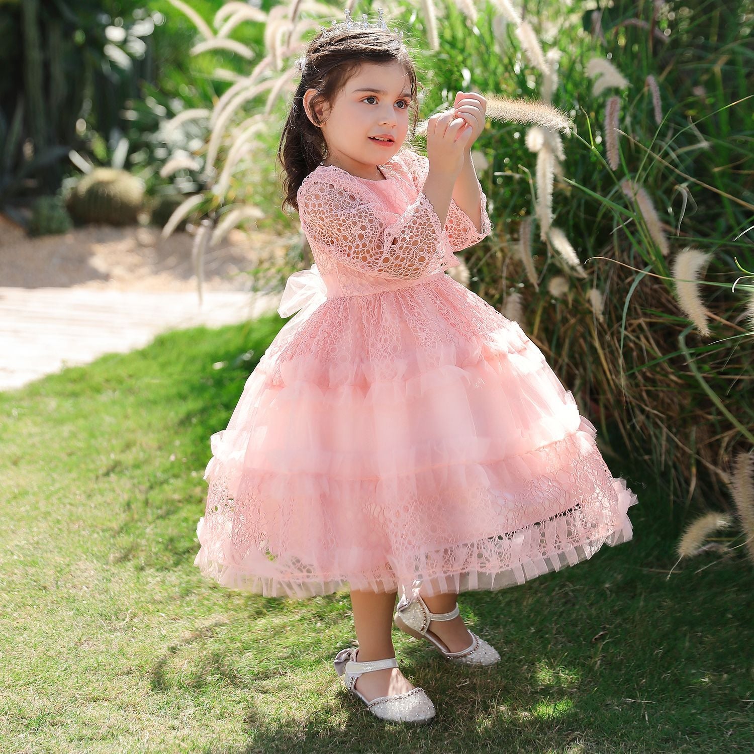 Kid Baby Girl Princess Lace Sleeve Gauze Flower Dresses