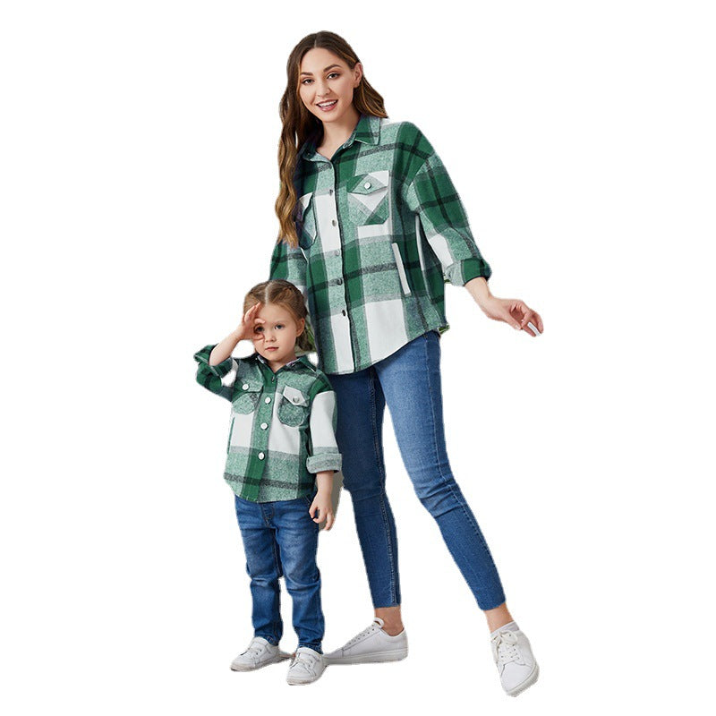 Family Matching Leisure Flannel Plaid Button Long Sleeve Shirts Tops