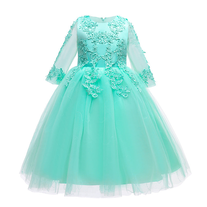 Kid Girl Wedding Pompous Gauze Princess Long Sleeve Sequin Mesh Dresses