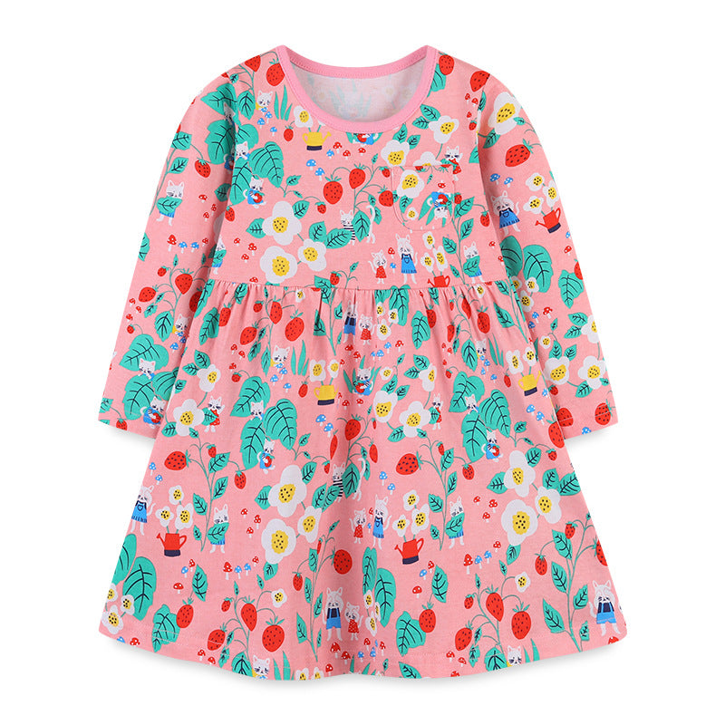 Kid Girls Knitted Cotton Cartoon Round Neck Casual Flower Dress
