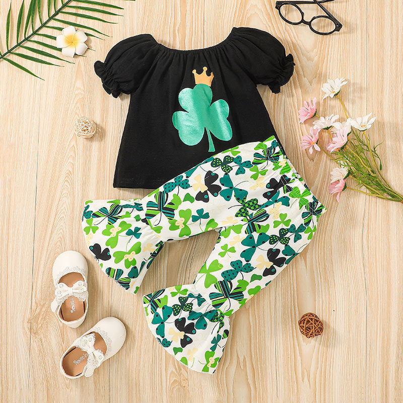 Easter Spring Autumn Kid Baby Girls Printed Long Sleeve Bell 2 Pcs Set