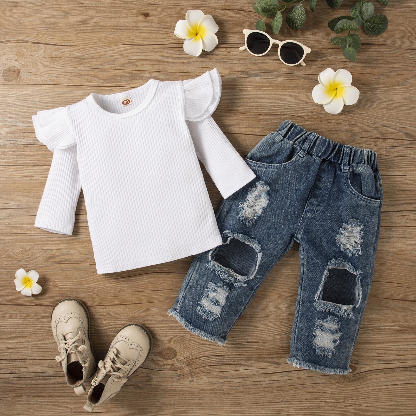 Kid Baby Girl Long Sleeve Jeans Hole Suit Spring Stripe 2 Pcs Sets