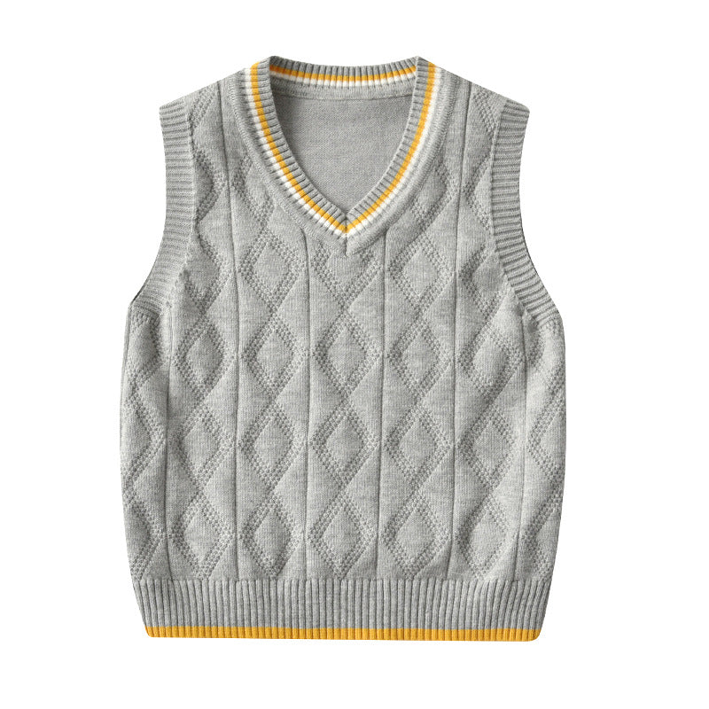 Kid Baby Boy Round Neck Jacquard Knit Waistcoat Pure Cotton Sweater Vest