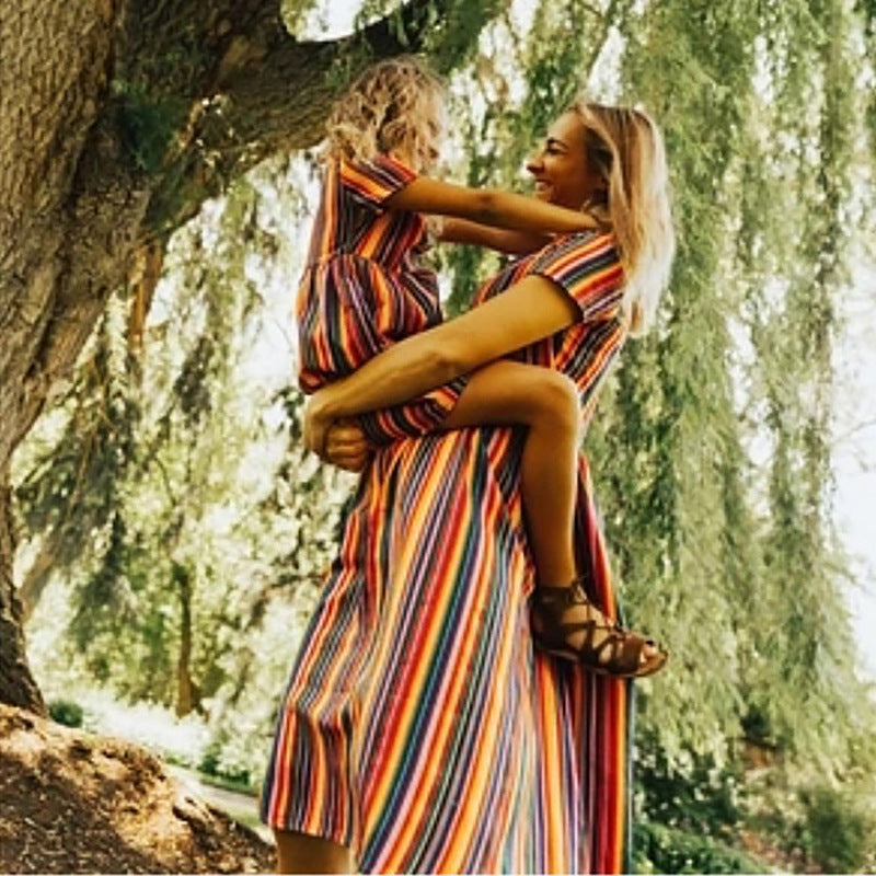 Family Matching Parent-child Rainbow Stripe Print V Collar Dress