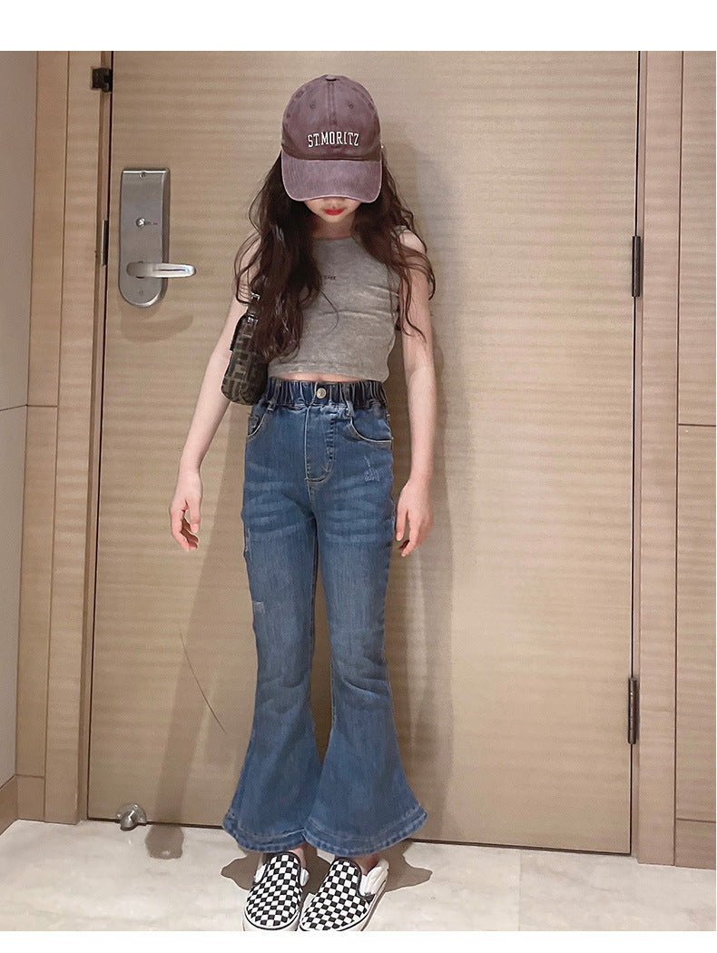 Kid Girl Teenage Jeans Spring Fashion Retro Versatile Slim Blue Denim Flared Pants