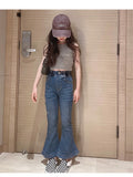 Kid Girl Teenage Jeans Spring Fashion Retro Versatile Slim Blue Denim Flared Pants