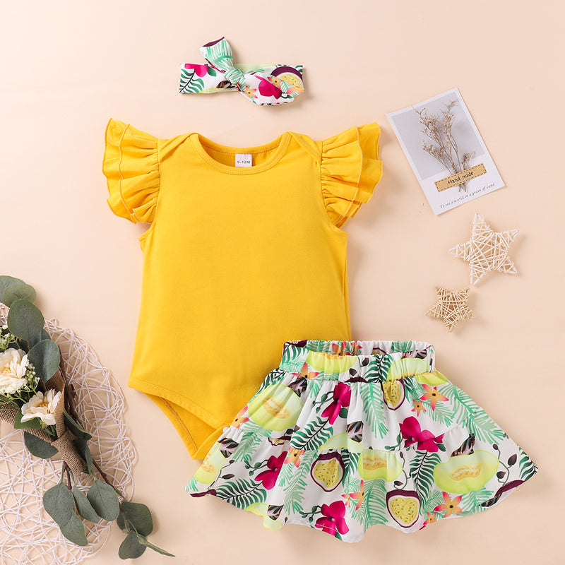Baby Girls Flying Sleeves Round Collar Ins Fashion 3 Pcs Set