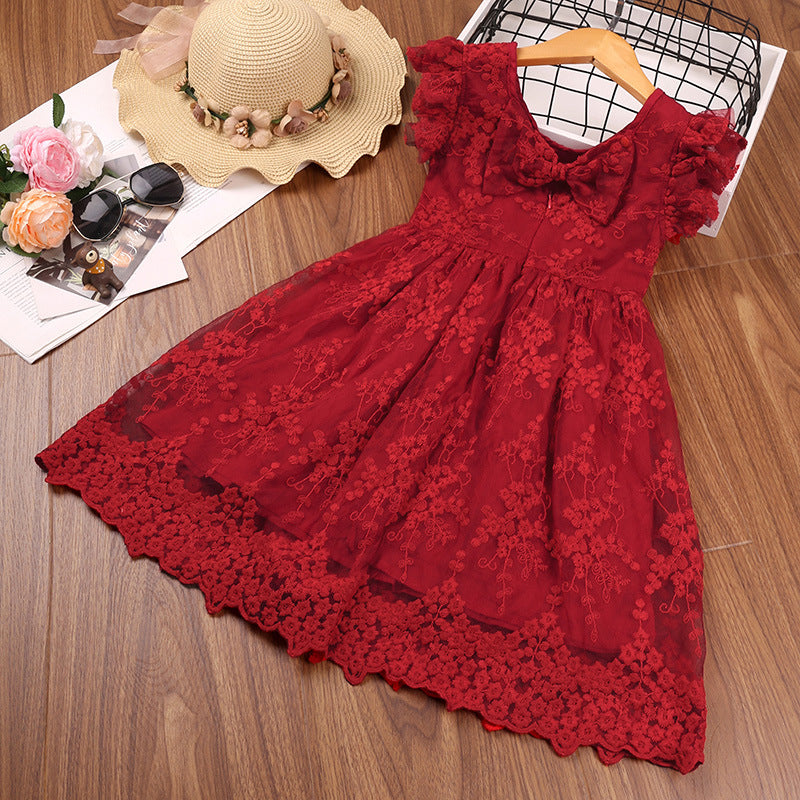 Kid Baby Girl Summer Western Bow Flying Sleeve Embroidery Gauze Flower Dresses