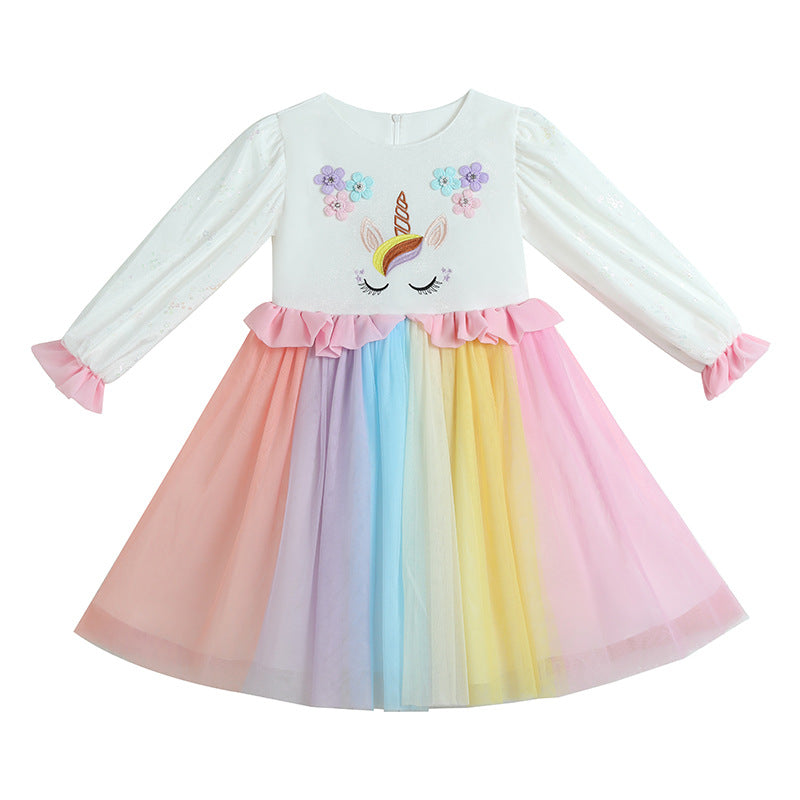 Autumn Spring Kids Girl Unicorn Long Sleeve Dresses